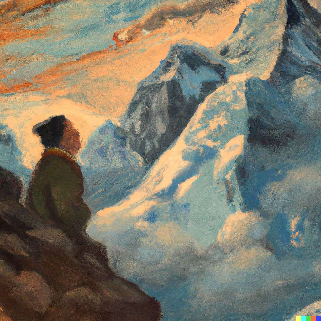 someone gazing at Mount Everest, painting from the 20th century